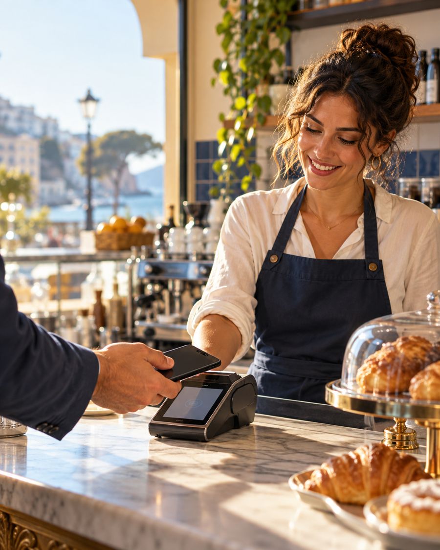 Pagamento contactless con terminale POS in un bar