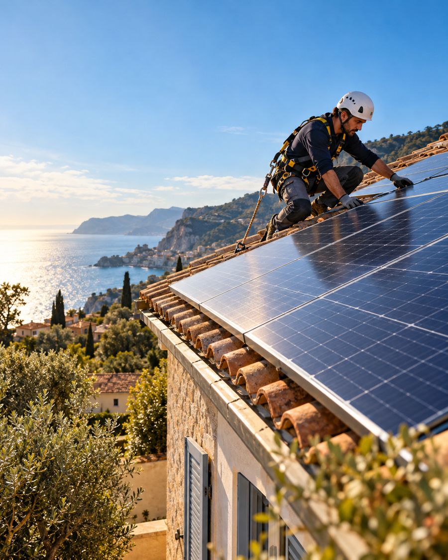 Tecnico al lavoro su un impianto fotovoltaico, con il mare sullo sfondo